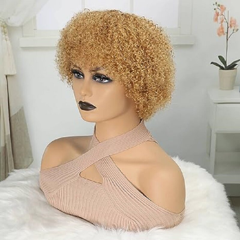 Wig rambut manusia #27 keriting ikal Afro pendek untuk wanita 100% Wig rambut manusia 180% kepadatan Pixie Curl Wig Afro keriting keriting Afro