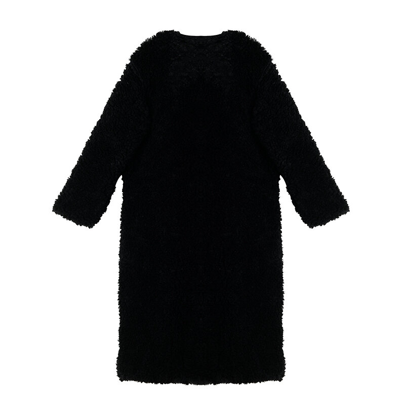 Manteau long en velours noir pour femme, laine d'agneau, fourrure, pardessus, hiver