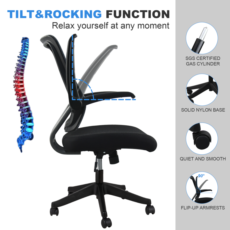 Mid-Mesh Task Chair com Flip Up Arms e Tilt Função, MAX 105 °,300LBS