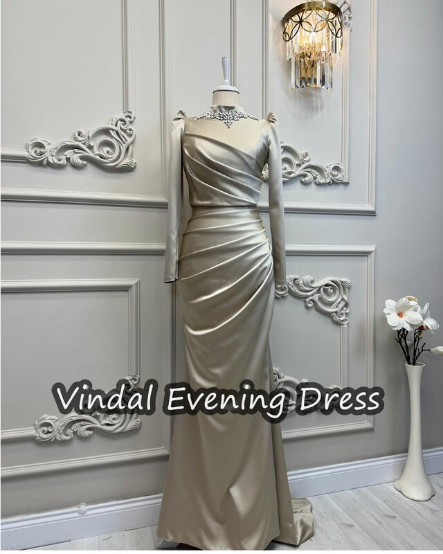 Vindal Floor Length Mermaid Evening Dress Elegant Crepe  Prom Dresses Long Sleeves Scoop Neckline Built-in Bra  For Woman 2024
