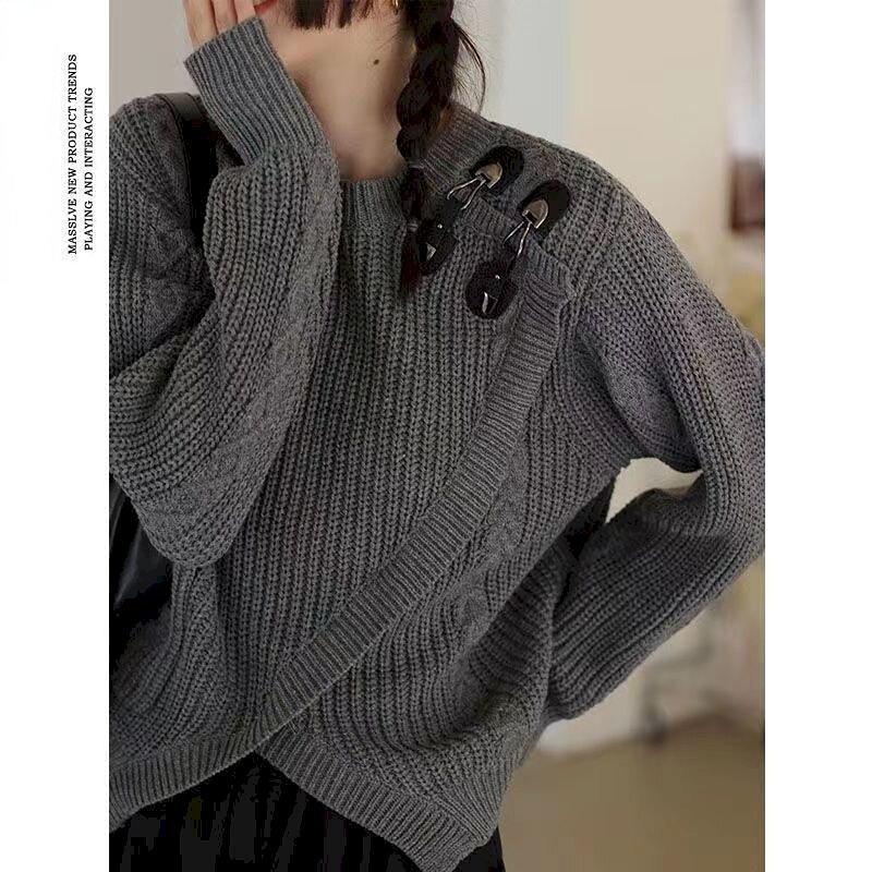 여성용 한국 스타일 빈티지 스웨터, 심플하고 불규칙한 스플릿 니트 풀오버, 부드러운 왁스 스웨터, 가을 겨울 트렌디 상의