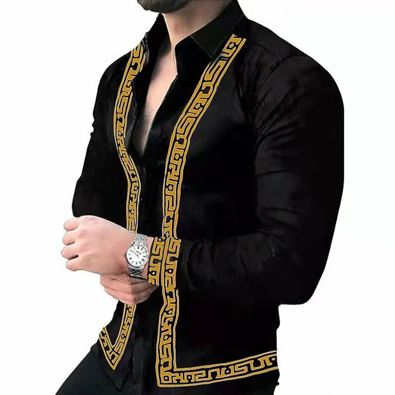 Рубашка мужская приталенная с длинным рукавом, модная сорочка с лацканами, на пуговицах, Повседневная Клубная одежда для выпускного вечера, осень