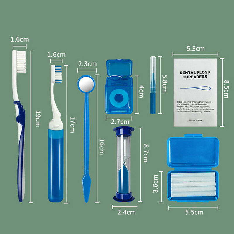 Cuidados de limpeza oral Dentes dentários Kits ortodônticos, Ferramenta de clareamento portátil, Terno ao ar livre, Escovas interdentais, 8pcs por conjunto
