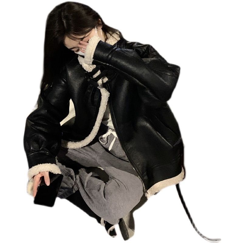 New Imitate Fur  Young Fake Pocket Turn-down Collar Motorcycle  One-Piece Imitation  Coat Female Winter Fashion T113