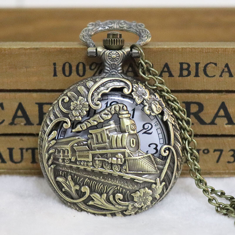 Carved antique steam train design pocket watch men and women chain bracelet retro quartz pendant watch