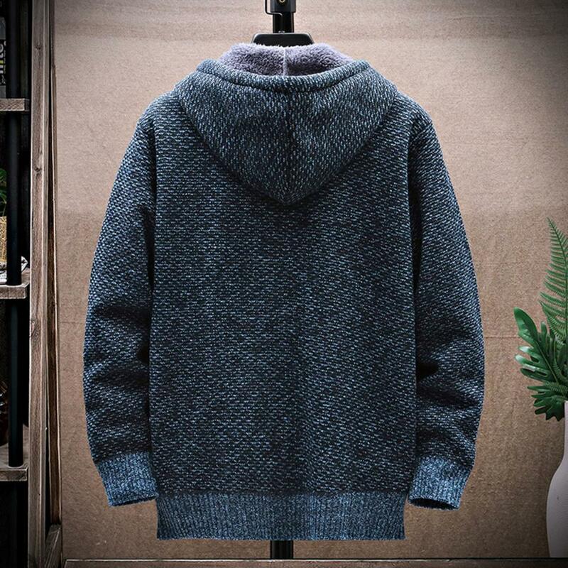 Plush Lining Men Coat Winter Men's Plush Lined Sweater Coat Hooded Drawstring Long Sleeve Pockets Zipper Placket Warm Knitted