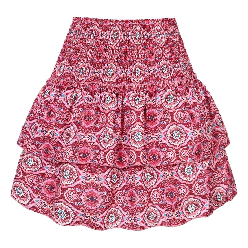 Mini jupe plissée à volants pour femmes, imprimé floral bohème, robe vintage pour dames, été