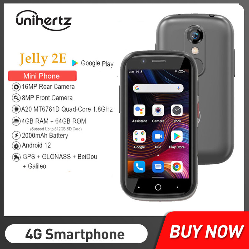 Unihertz-Mini Smartphone Jelly 2E, Versão Global Desbloqueada, Android 12 e Telefone com Suporte de Voz HD com Cartão SD, 4 + 64GB, 4G + 64GB