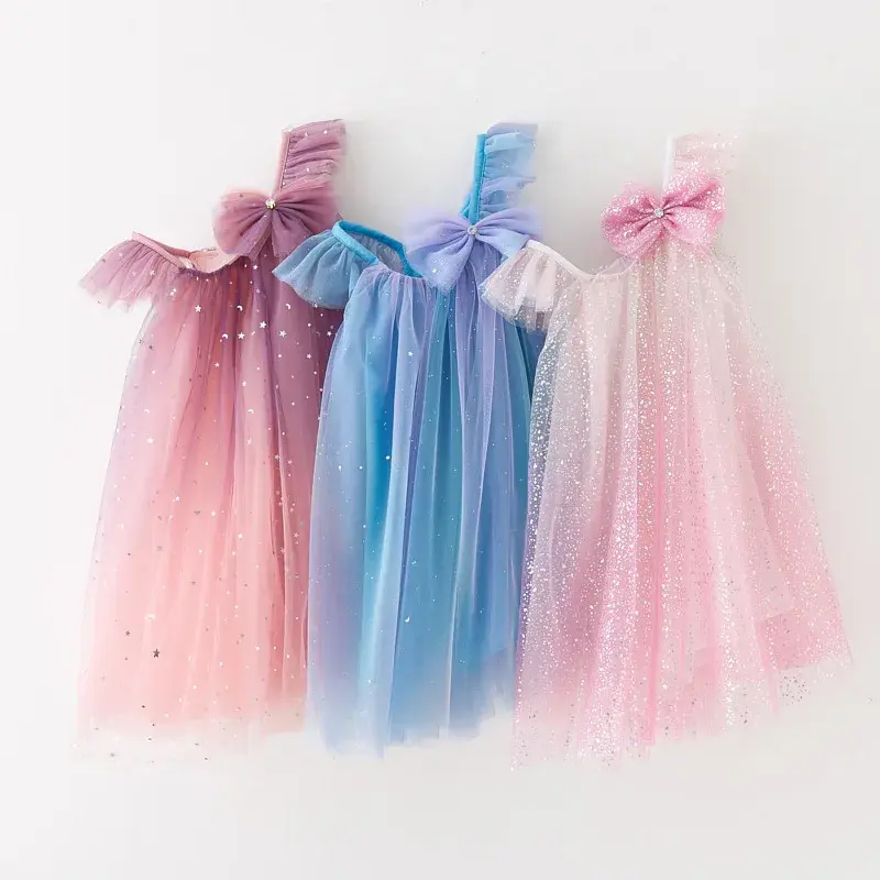 Vestido de festa feminino com arco, gradiente infantil, alça de fada 3D, malha, bonito, vestido de meninas florais, verão, 2-12 anos infantil