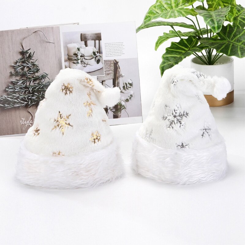 Q0KB 14’’ Christmas Costume White Plush Snowflake Xmas Santa Hat Festive Holiday Hat for Family Activity Gathering