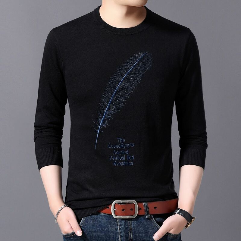 COODRONY męska nowa popularna moda t-shirt z długim rękawem wzór z piór sensowny Top 2023 nowy swobodny ciepły sweter W5808