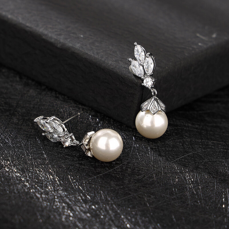 Pendientes de perlas de imitación con circonita cúbica para mujer, pendientes de boda elegantes, moda