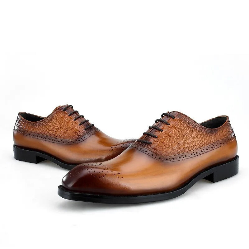 Zapatos formales de cuero de vaca Real para hombre, zapatos Oxford con punta cuadrada y cordones, color marrón, para boda, oficina, Italia