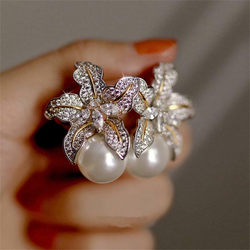 1~20PCS Huitan Gorgeous Flower Imitation Pearl Earrings Women Luxury Inlaid Sparkling CZ Stone Fashion Wedding Jewelry Wholesale