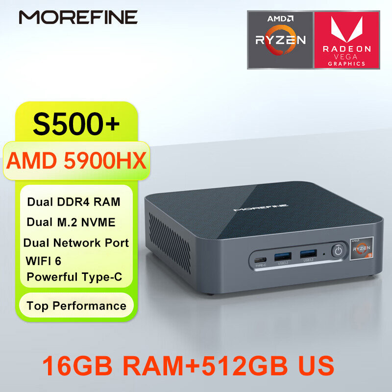 MOREFINE-Mini PC de jeu S500 +, ordinateur de bureau Windows 11, WiFi 6E, AMD Ryzen 9 5900HX 7 5500U, 2 * DDR4, 3200MHz, NVMe SSD, 2.5G LAN