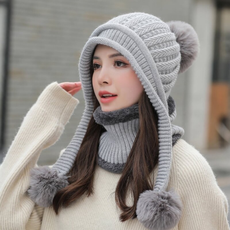 Chapéus lã grossa para mulheres, conjunto cachecol forrado malha quente, chapéu, círculo, pescoço, aquecedor, gorro, ar