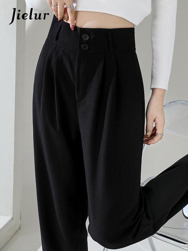 Jielur-pantalones de pierna ancha de cintura alta para mujer, pantalón holgado y recto con botones dobles, traje informal, otoño