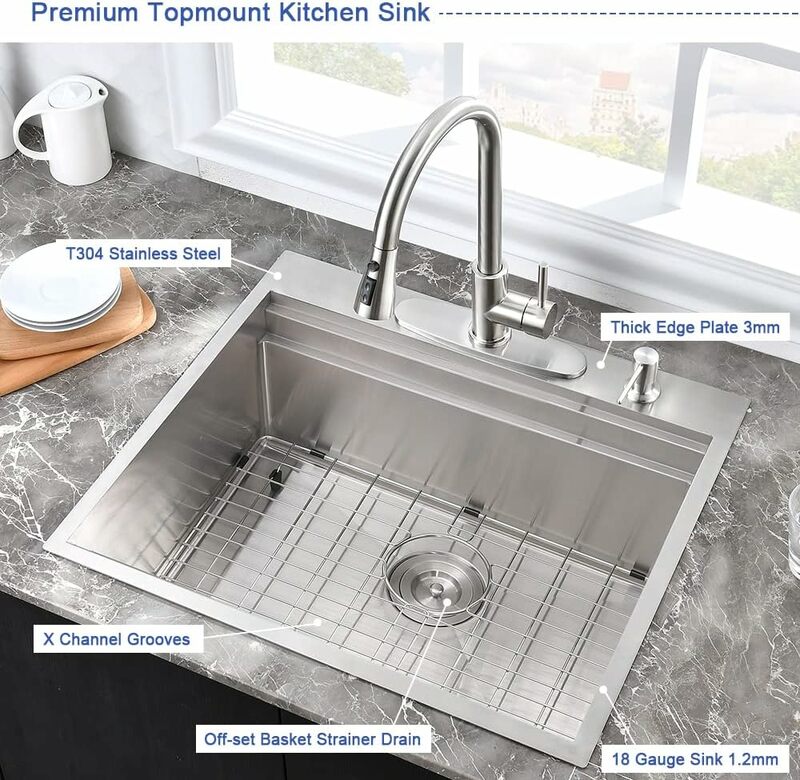 25 Inch Stainless Steel Kitchen Sink Drop In Workstation-Hovheir 25x22 Drop In Kitchen Sink Double Ledges