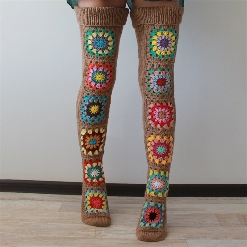 ZIYIXIN-meias de lã alta para mulheres, patchwork listrado, meias quentes, aquecedor de pernas para meninas, inverno