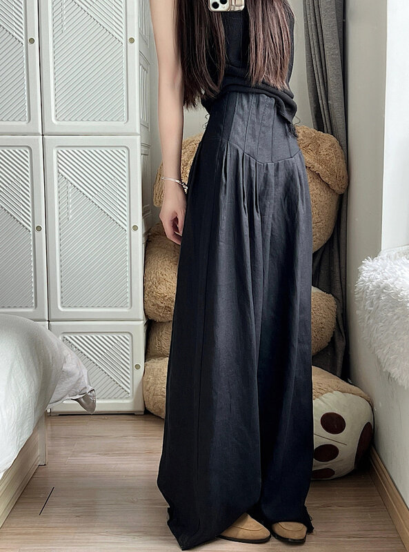 Celana kasual Linen hitam untuk wanita, celana panjang lantai longgar dan lurus pinggang tinggi kaki lebar musim panas 2023