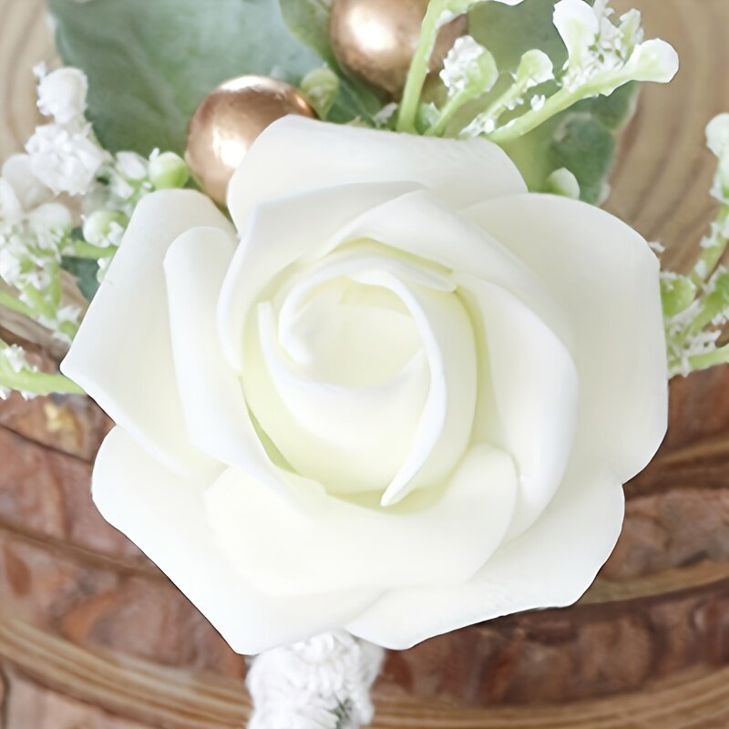 Vintage Rose Wrist Flores, Homecoming Prom Corsage Flores, branco leitoso, Wedding Bride and Groom, dama de honra, 1 6pcs