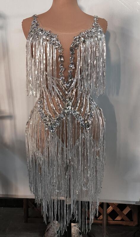 Funkelnde silberne Fransen Mesh Pailletten Kristalle Kleid sexy Geburtstag feiern Latin Tänzer Kleidung Drag Queen Kostüme Muyuye