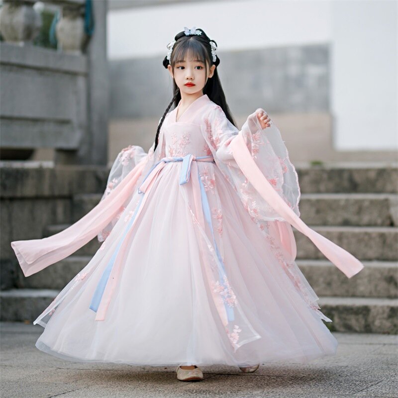중국 자켓 소녀 민속 무용 복장 공연 중국 의상, 어린이 요정 당나라 새해 소녀 의상