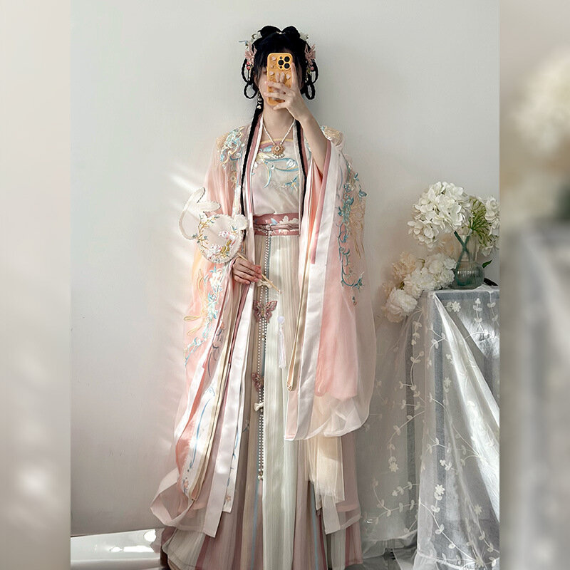 Roupas femininas de estilo tradicional chinês, hanfu rosa e azul, bordado e cores gradientes, vestido de verão dinastia Tang