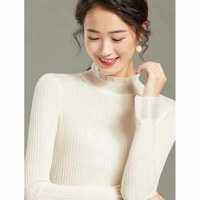2022 New Autumn Winter Sweater Fashion Bottoming Sweater Stitching Lace Fungus Collar Bottoming Shirt with Women's Slim Fit