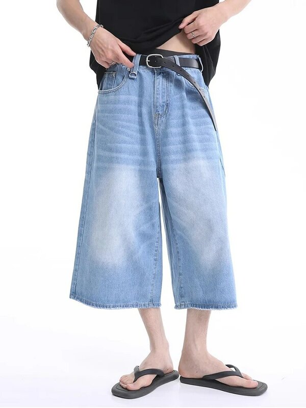 Reddaschic-pantalones cortos de mezclilla para hombre, ropa de calle de gran tamaño, pantalones de pierna ancha, pantalones vaqueros holgados, Retro, azul, coreano, Y2k