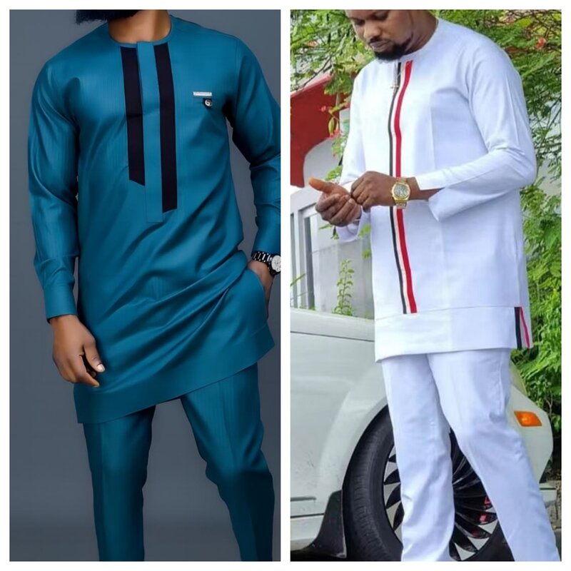 Traje de caftán africano para hombre, camisa blanca de manga larga con costuras y pantalones sociales, conjunto de 2 piezas, ropa de diseñador para fiesta de boda