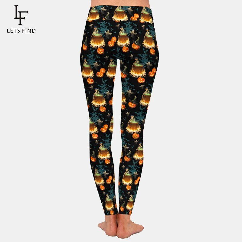 LETSFIND New Arrival Women Legging Halloween Pattern with Pumpkins Skeletons Ghosts and Bonfires Print High Waist Sexy Leggings