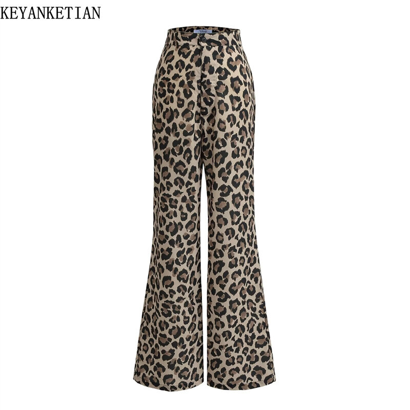 EllYANEllTIAN-Pantalon droit imprimé léopard pour femme, style rétro, fermeture éclair, haut audiThin, long fjFemale, nouveau lancement, 2024