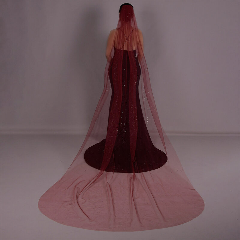 Yueji funkelnden roten Glitzer schleier ein schicht igen langen Stil mit Haarkamm Braut kirche Hochzeits schleier Hochzeits zubehör 0221