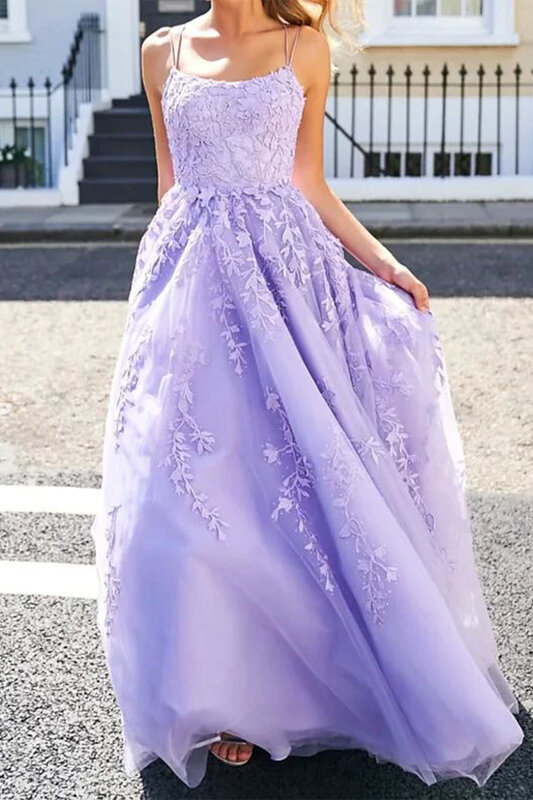 Elegant Tulle Lace Appliques Women's Prom Dresses Spaghetti Strap Backless Corsetback Long Ball Gown Evening Dresses Customize