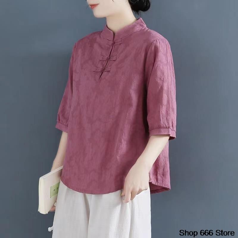 Sommer Traditionelle Chinesische frauen Kleidung Tang Hanfu Frühling Herbst Hemd Bluse Lose Freizeit Top Vintage T-shirt Tee Service