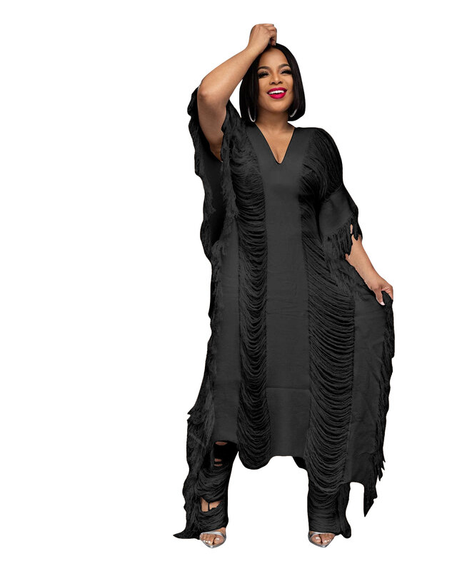 Conjunto de calças compridas e top africano dashiki de 2 peças para mulheres, decote em v, borla, roupas combinando, primavera, outono, 2023