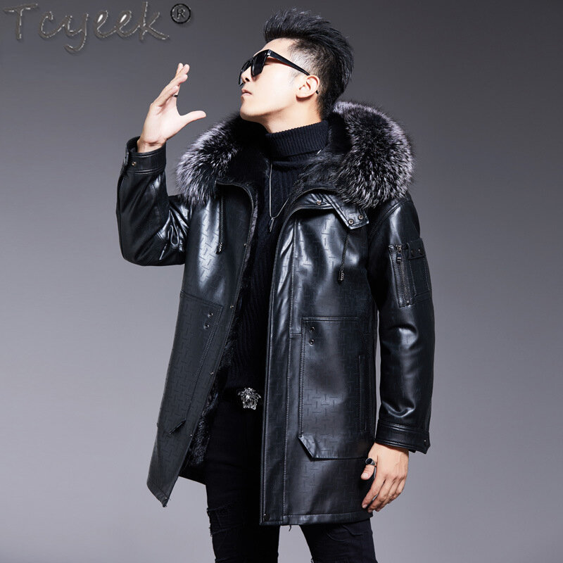 Tcyeek Mid-long Real Leather Jacket Men Clothes Winter Warm Fox Fur Collar Hooded Genuine Sheepskin Coats Fashion Real Fur Coat