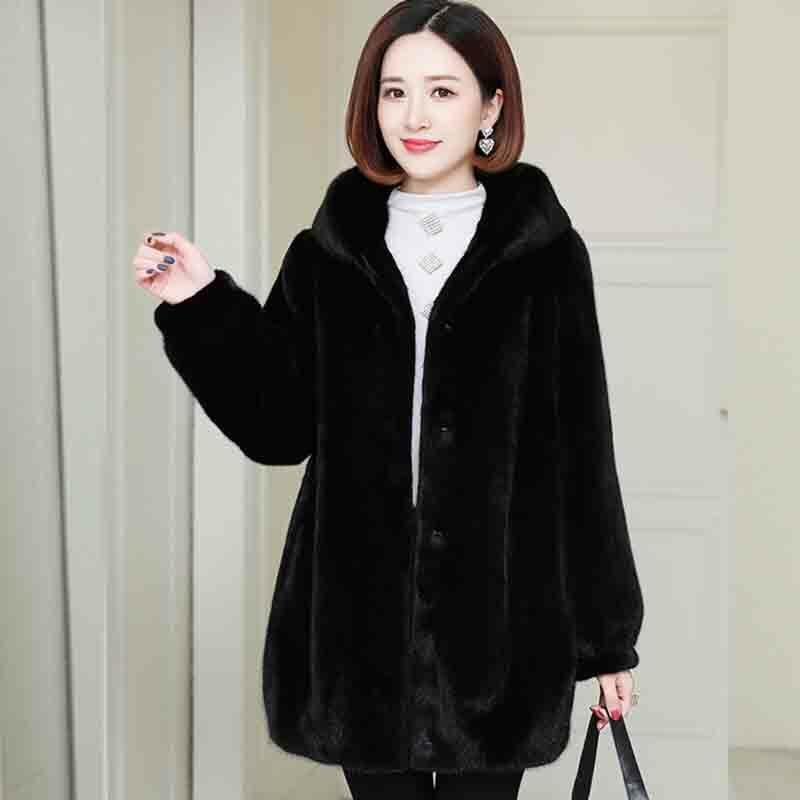 2023 New Imitation Mink Temperament Loose Fur Autumn And Winter Long-sleeve Thickened Womens Casual Hooded Mid-length Lady Coat