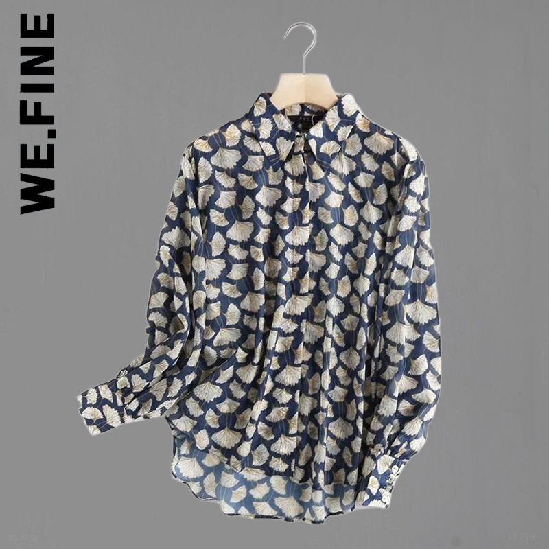 We.Fine Fashion Elegant Leaf Printing Loose Silk Loose Blusas Mujer De Moda Shirt Tops Spring Blouse Women England Style Cozy