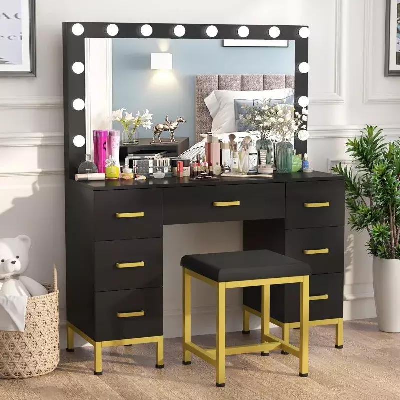 Vanity Set with Lighted Mirror, 44'' Makeup Dressing Table, Vanity Desk Black Vanity with Cushioned Stool & 7 Drawers
