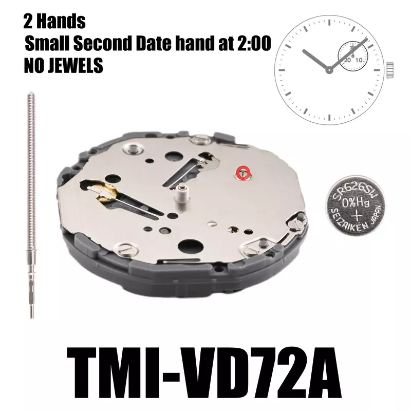 Mechanizm VD72 Mechanizm Tmi VD72 2 wskazówki Mechanizm z wieloma oczkami Mała sekunda data wskazująca 2:00 Rozmiar: 10 1⁄2 ′′ wysokości: 3,45 mm