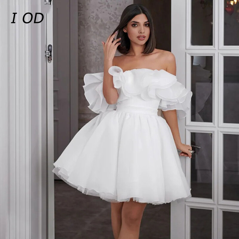I OD Short Off Shoulder Wedding Dress with Waist Closure and Open Back Women's Wedding Dress De Novia