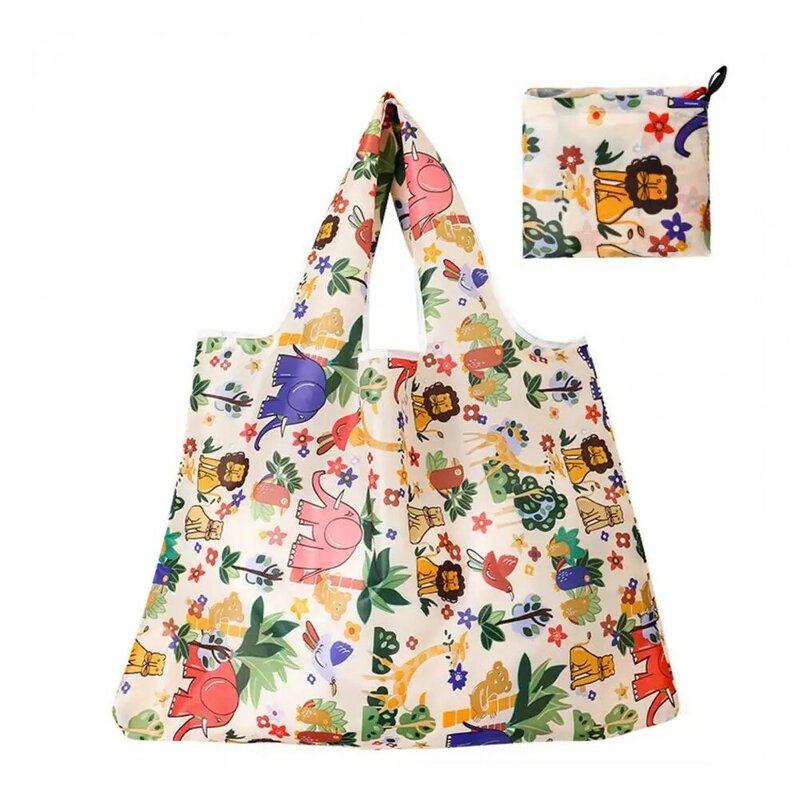 Tas Tote motif kartun bunga lucu tas tangan kapasitas besar ramah lingkungan dompet penyimpanan tas pantai lipat persegi