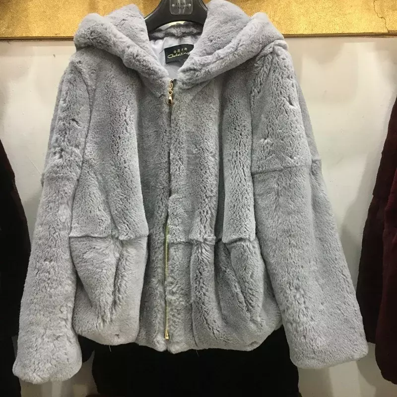 Manteau d'hiver en fourrure de lapin Rex pour femme, ample, chaud et décontracté, avec capuche