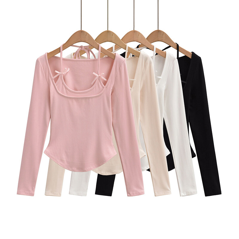 女性用長袖クロップトップ,ホワイトホルタートップ,フェイクツーピース,秋の服,ピンクの蝶ネクタイ,韓国のファッション,セクシーなTシャツ