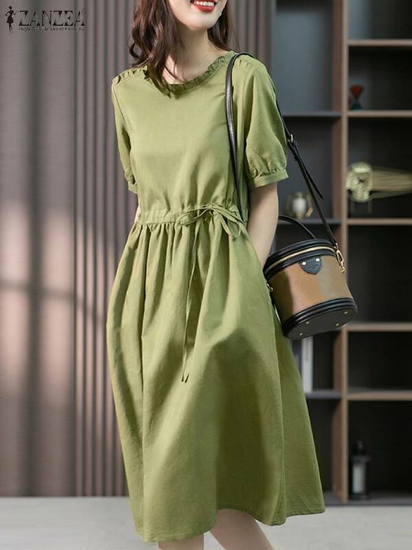 ZANZEA-Vestido de verão vintage feminino, vestido de doçura sólida, costura com babados, Midi Robe, manga curta, moda casual, coreano
