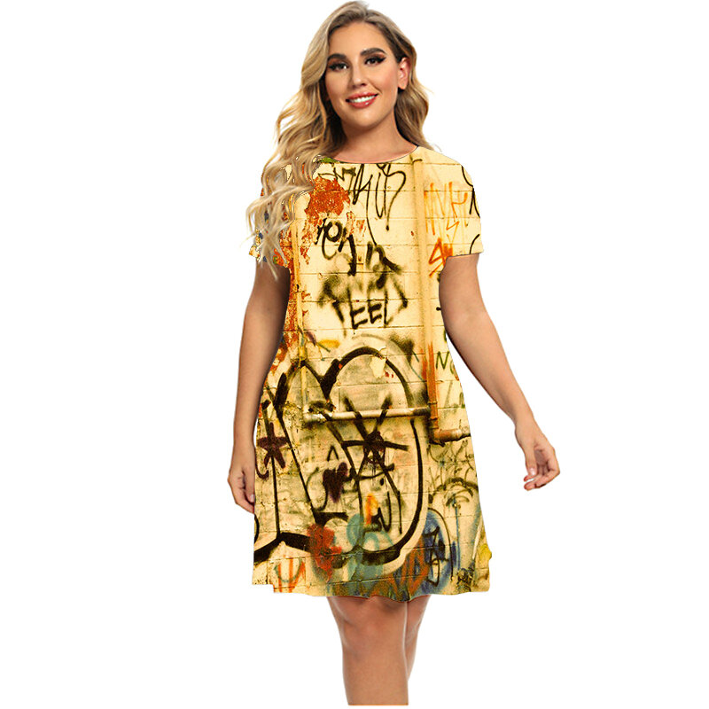 カワイイスタイルのショートルーズミニドレス,グラフィティプリントの女性の夏服,ヒップホップ,半袖,カジュアル