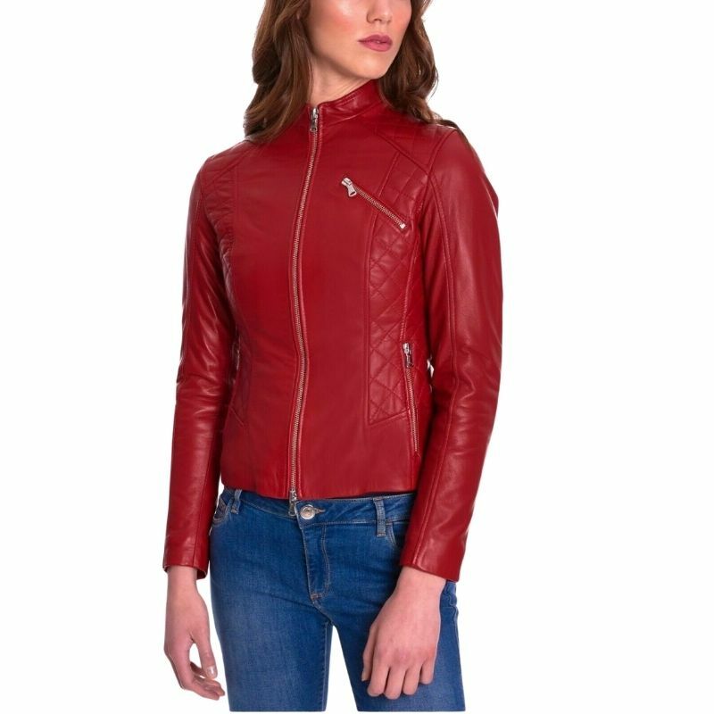 Chaqueta de cuero con estilo para mujer, chaqueta roja de piel de cordero auténtica para motocicleta, San Valentín
