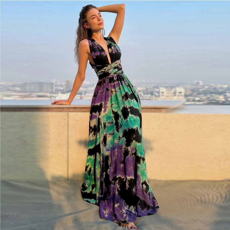 Summer Fashion Trend Dress Casual Sleeveless Tie Dyed Hanging Neck Backless Dress Daily Leisure Vacation All-Match Maxi Dresses